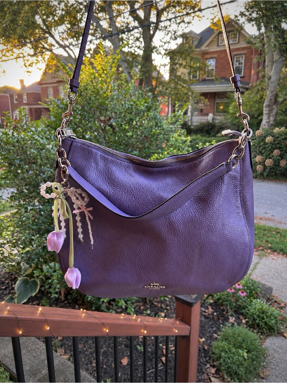 Coach Deep Purple Pebbled Leather Shoulder Bag with Chain Strap
